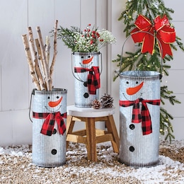 Set of 3 Galvanized Metal Snowman Buckets, , large