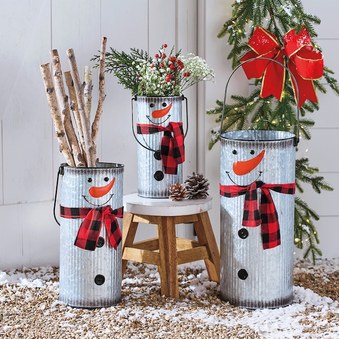 Set of 3 Galvanized Metal Snowman Buckets, , large