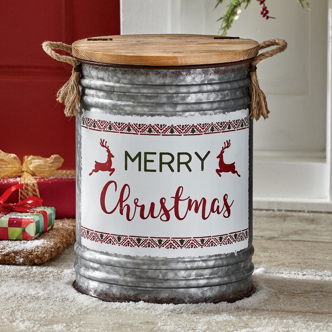 Merry Christmas Galvanized Metal Bucket with Wood Lid Country Door