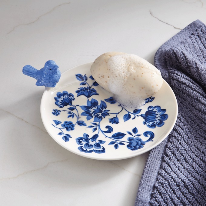 Chinoiserie Hand-Painted Bird Stoneware Soap & Trinket Dish, Multi, large