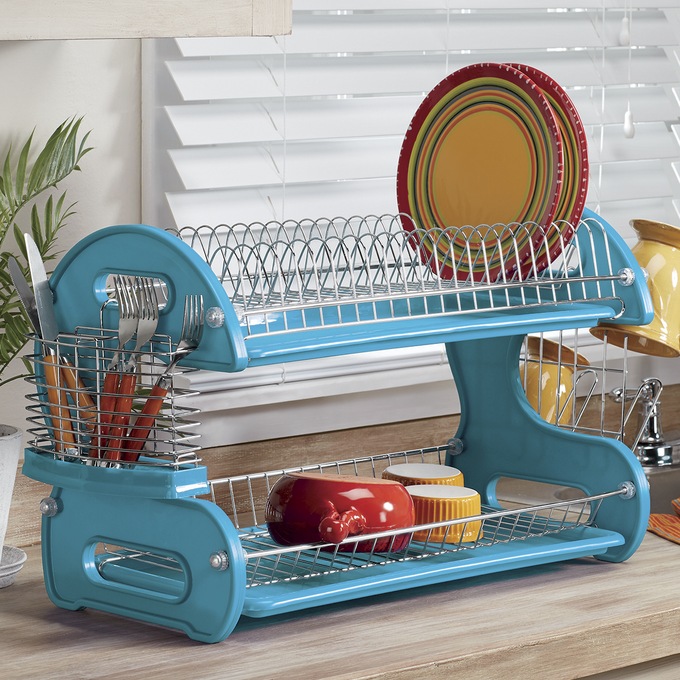 Plastic/Steel 2 Tier Dish Rack Home Basics Finish: Turquoise