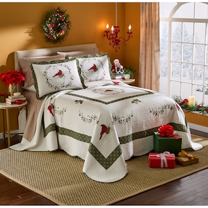 Cardinal Embroidered Hand-Pieced Quilted Bedspread, , large