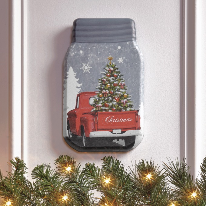 Lit Christmas Farm Truck Mason Jar Wall Art, , large