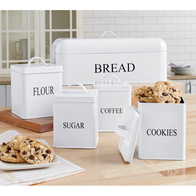 Just Words Flour Coffee Sugar Tea White Ceramic Kitchen Canister Set of 4