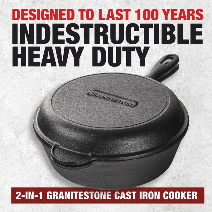 Granitestone Pre-Seasoned Cast Iron 2-in-1 Cooker, , large
