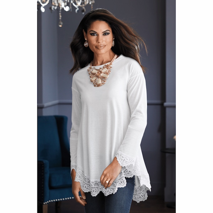 Shania Long-Sleeve Tunic with Scalloped Crochet Edges, , large