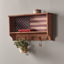Rustic American Flag Shelf with Hooks, , large