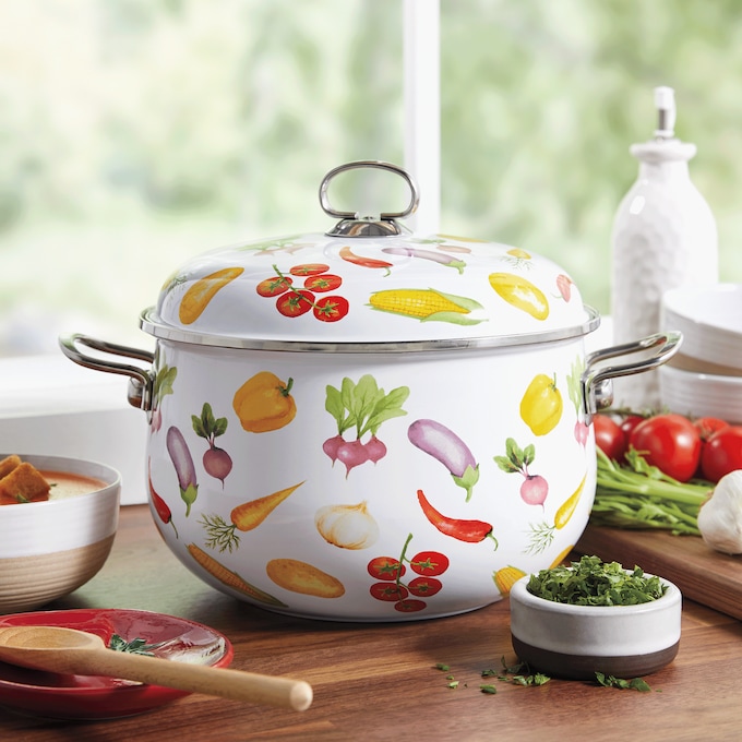 Floral Enameled Steel Stockpot with Lid, , large