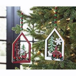 Set of 2 Wooden Christmas Scene Ornaments, , large
