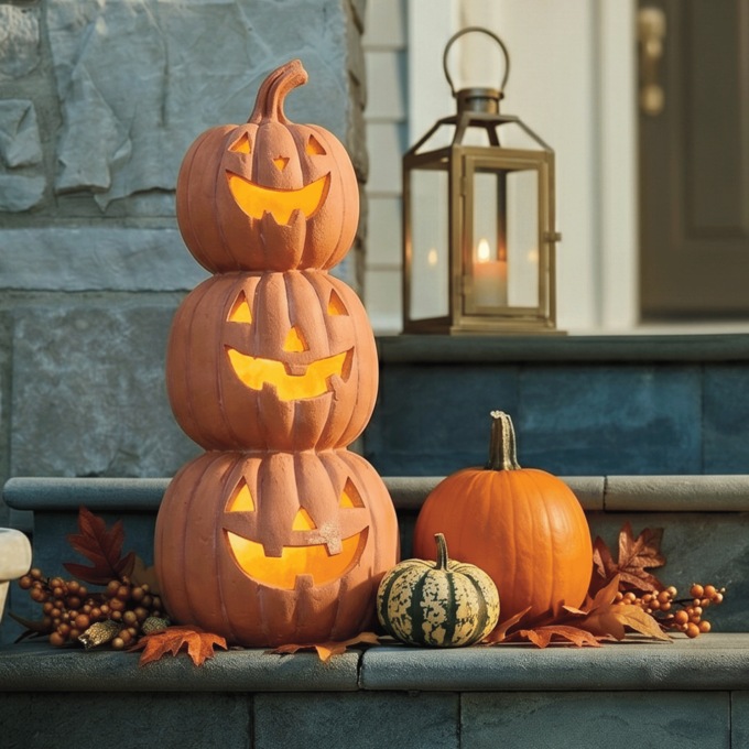 Lit Ceramic Jack-O-Lantern Stack, Orange, large
