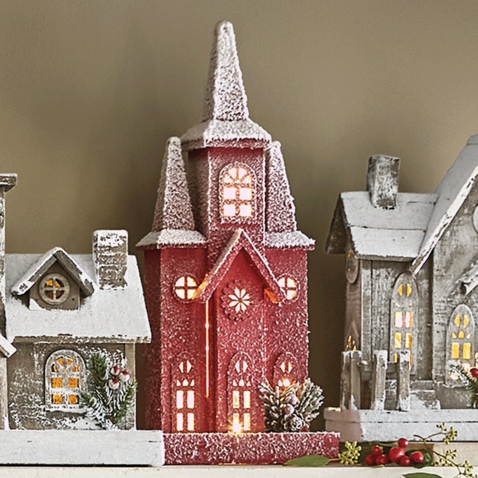 Lit Rustic Wood Winter Village, , large