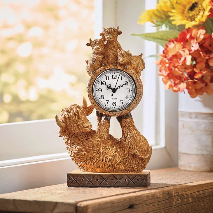 Hand-Painted Highland Cow Resin Tabletop Clock, Multi, large