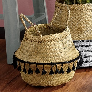 Woven Black Tassel Basket, , large