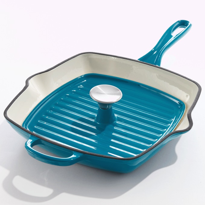 Enameled Cast Iron Grill Pan with Press, Island Blue, large