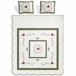 Cardinal Embroidered Hand-Pieced Quilted Bedspread, , large
