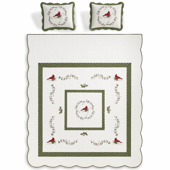 Cardinal Embroidered Hand-Pieced Quilted Bedspread, , large