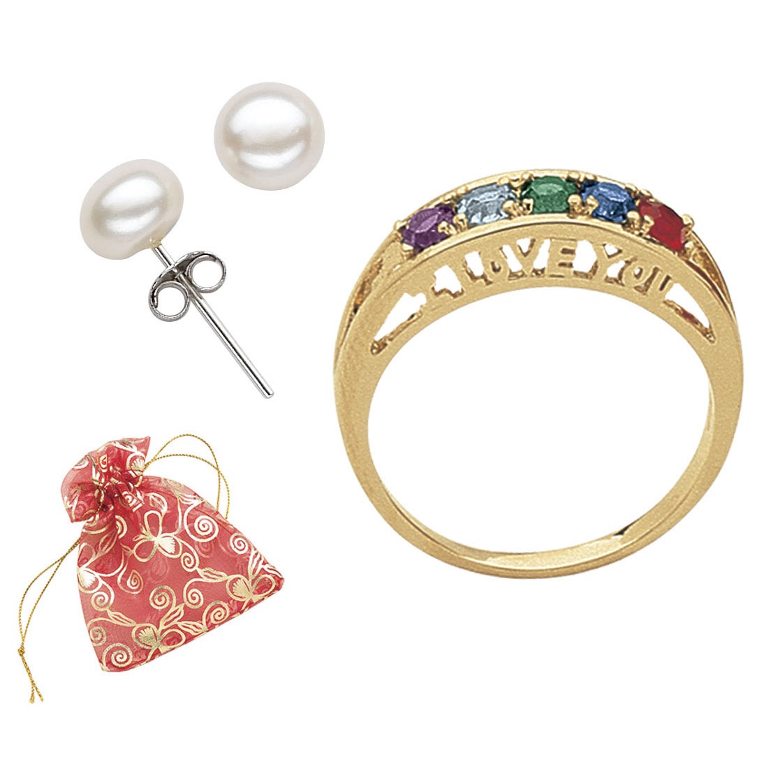 Personalized I Love You Family Birthstone Ring and Freshwater Pearl Earrings, , large