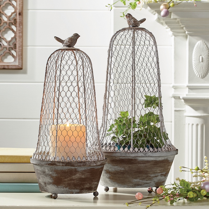 Set of 2 Metal Bird Cloches, , large