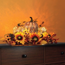 Lit Pumpkin and Sunflower Centerpiece, , large