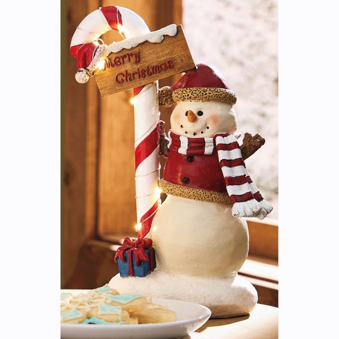 Lighted Snowman with Candy Cane Sign, , large