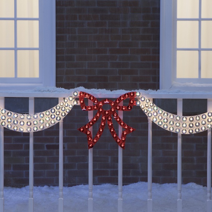 Dazzling Lighted Swag & Bow, Red Silver, large