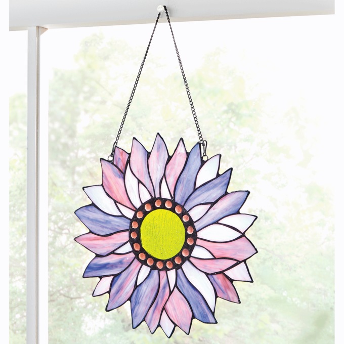Bright Stained Glass Flower Window Hanging, Purple, large