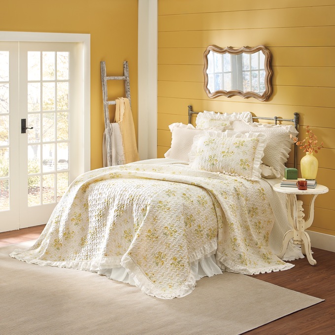 Betty Oversized Yellow Floral Quilt and Ruffle Quilted Sham, , large