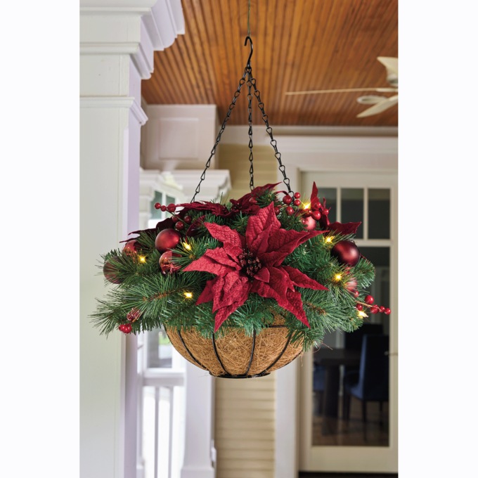 Lit Poinsettia Hanging Basket, , large
