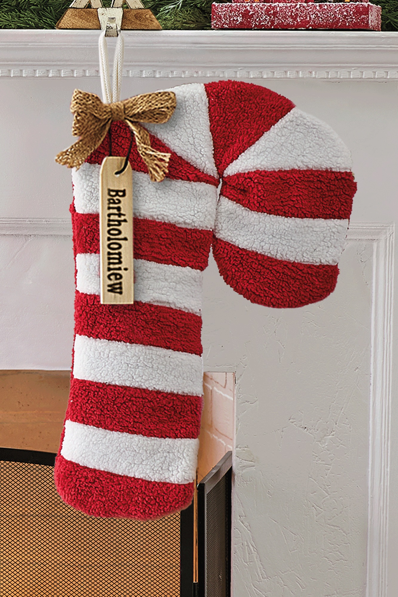 Fuzzy Candy Cane Figural Stocking, , large