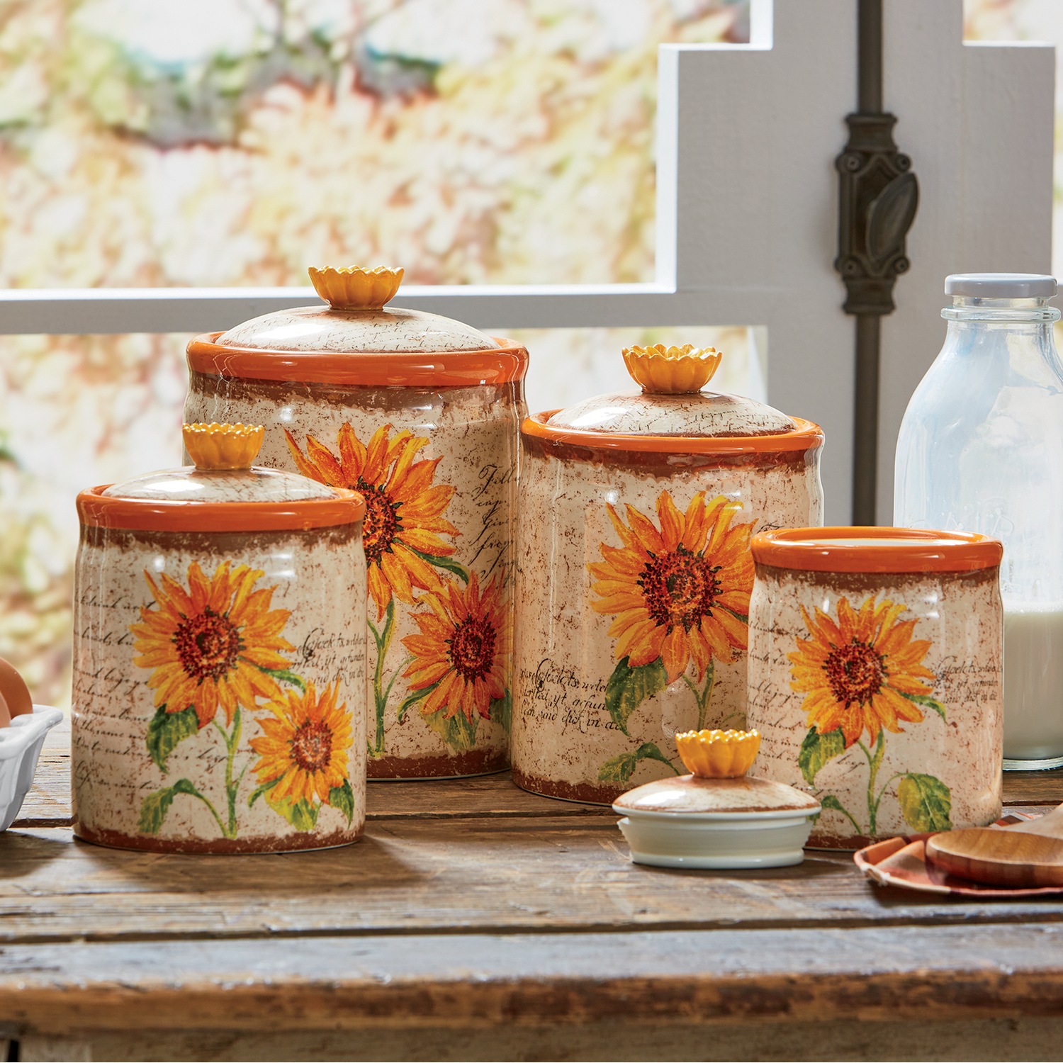 Set of 4 Scripted Sunflower Canister Set | Country Door