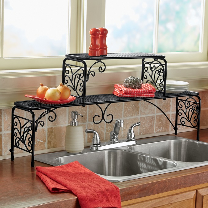 2-Tier Scroll Sink Shelf, Black, large