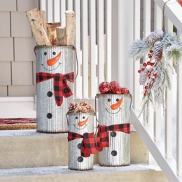 Set of 3 Galvanized Metal Snowmen Buckets, , large