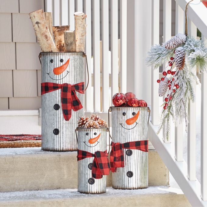 Set of 3 Galvanized Metal Snowmen Buckets, , large