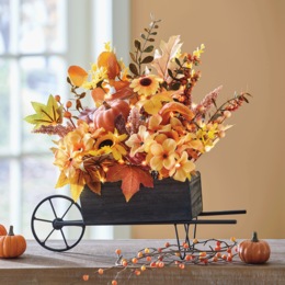 Lit Harvest Wheelbarrow Faux Floral Arrangement, , large