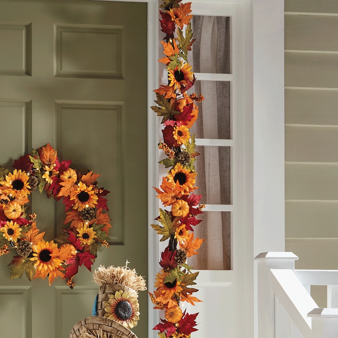 Lit Sunflower and Pumpkin Garland, , large