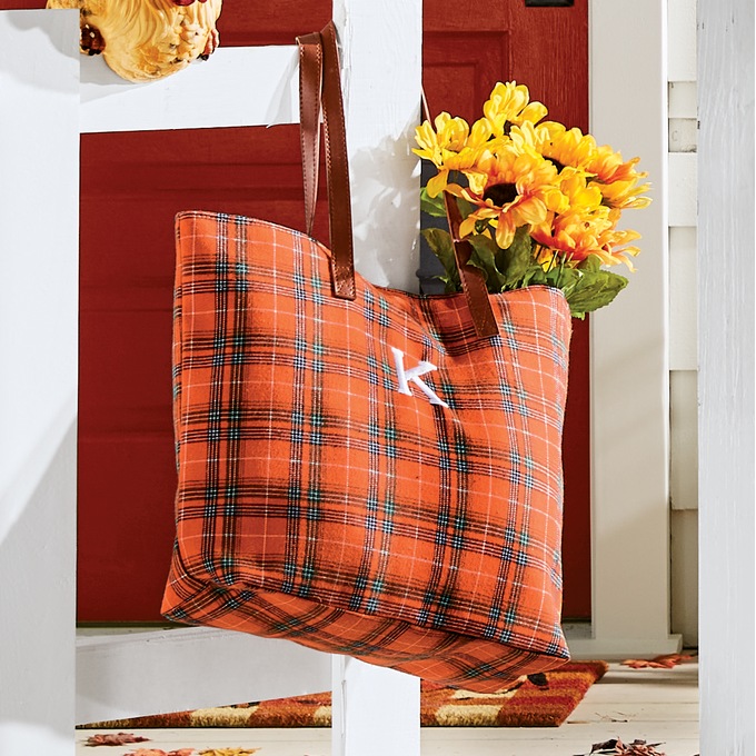 Personalized Harvest Plaid Tote, Orange Multi, large