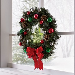 Holiday Ornament Wreath with Mini Lighted Tree, , large
