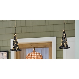 Set of 2 Hanging Lit Grapevine Witch Hats, , large