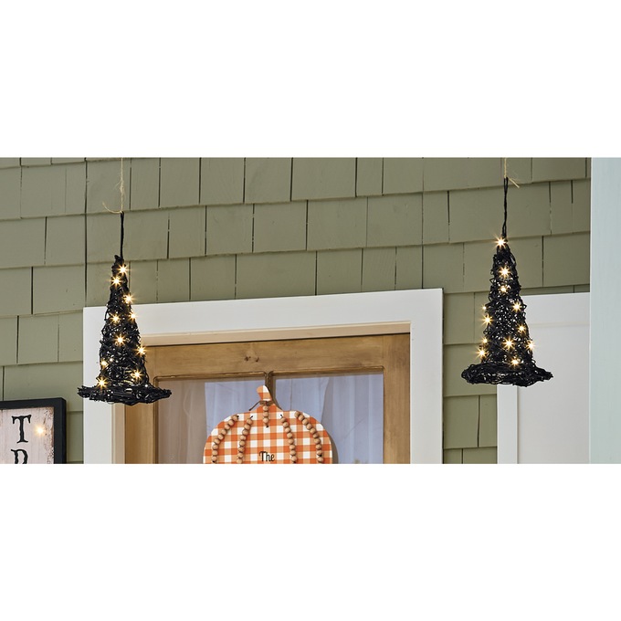 Set of 2 Hanging Lit Grapevine Witch Hats, , large