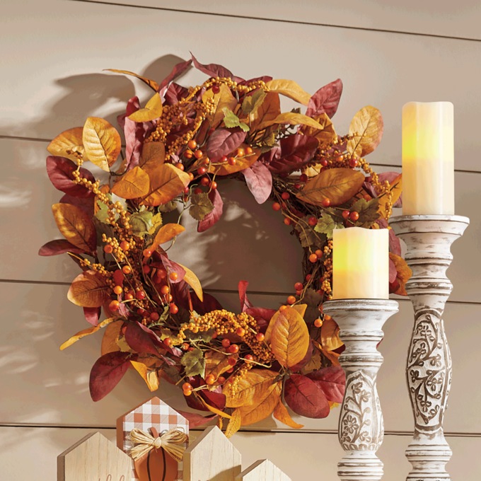 Fall Leaves and Berries Wreath with Bow, , large