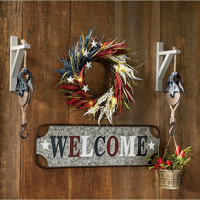 Lit Red, White & Blue Wildflower Wreath, , large