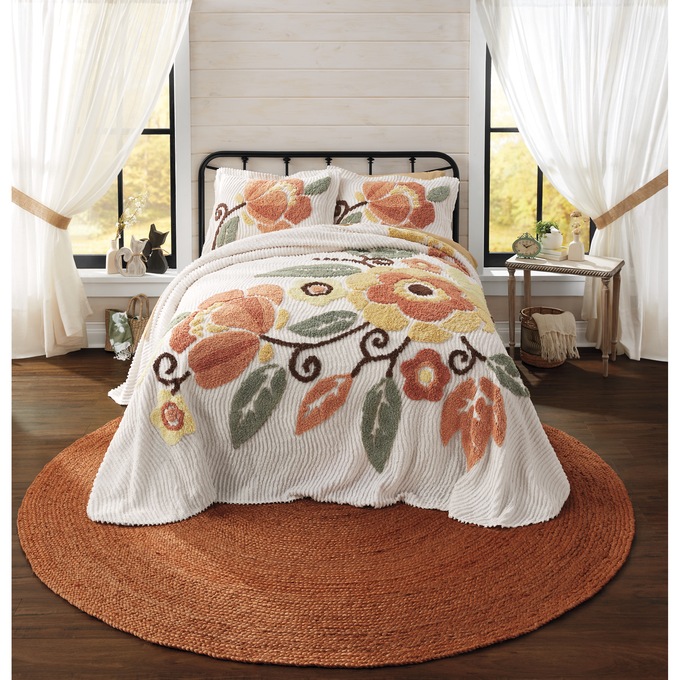 Autumnal Floral Chenille Bedspread, , large