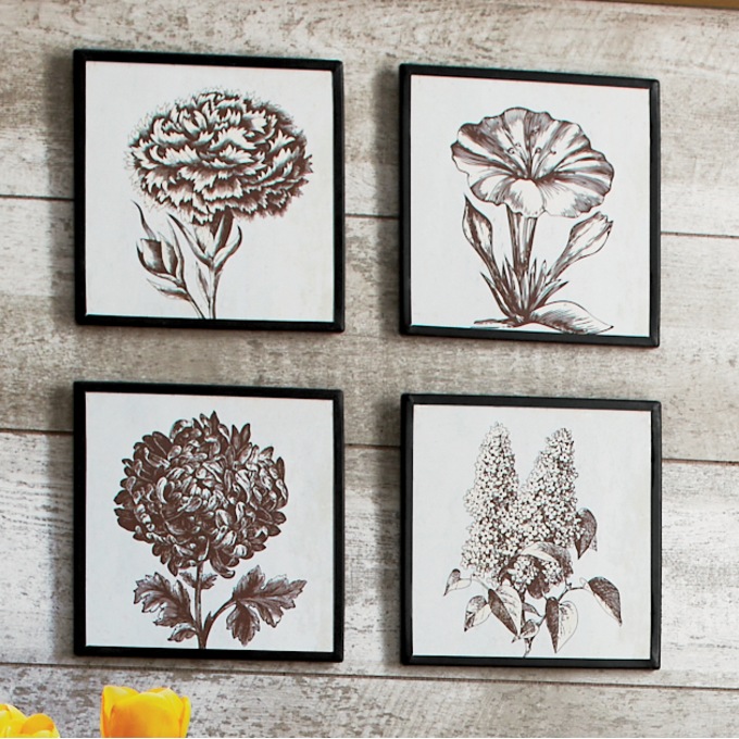 Set of 4 Vintage Floral Wall Art Country Door
