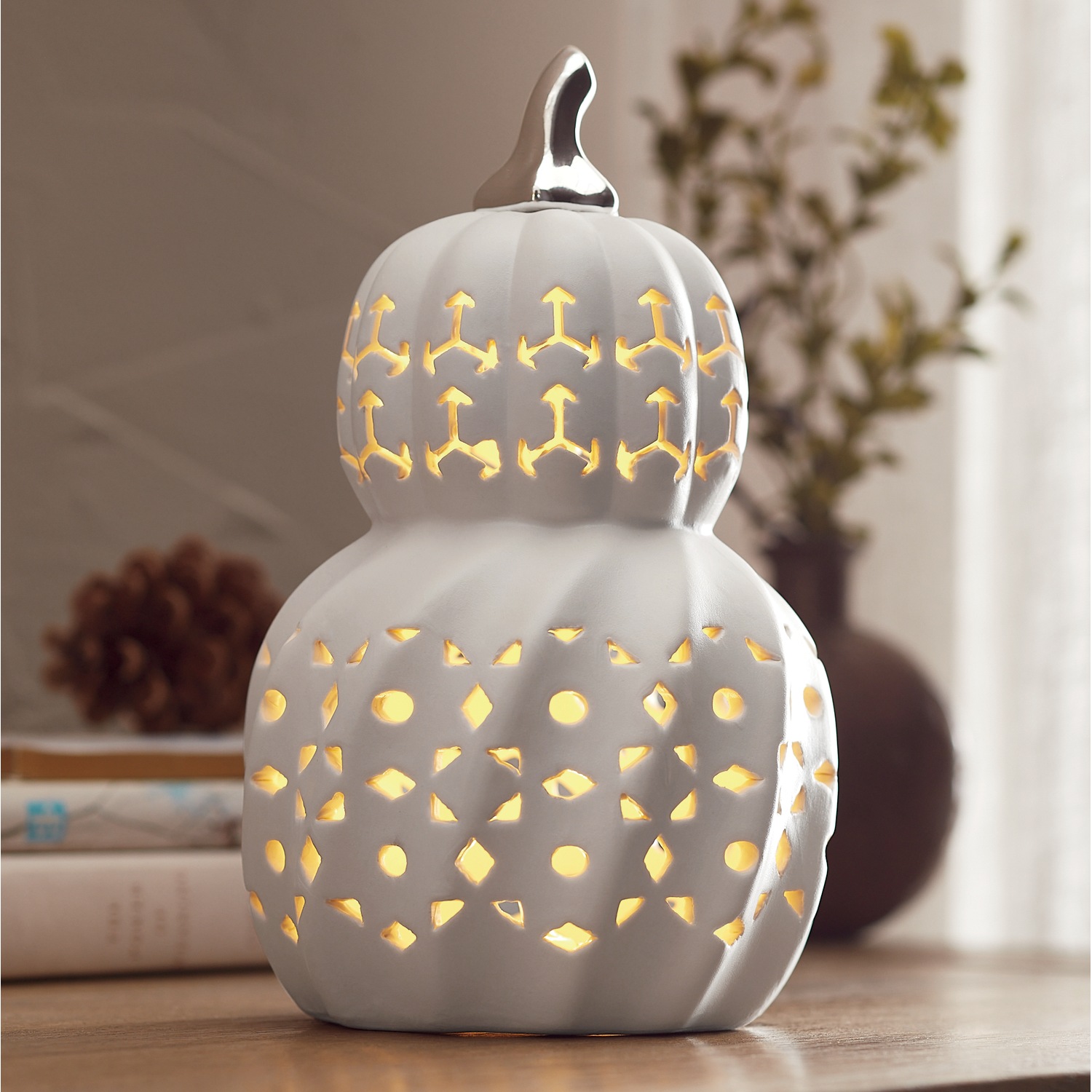 Lit White Stacked Ceramic Pumpkin Country Door