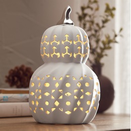 Lit White Stacked Ceramic Pumpkin, , large