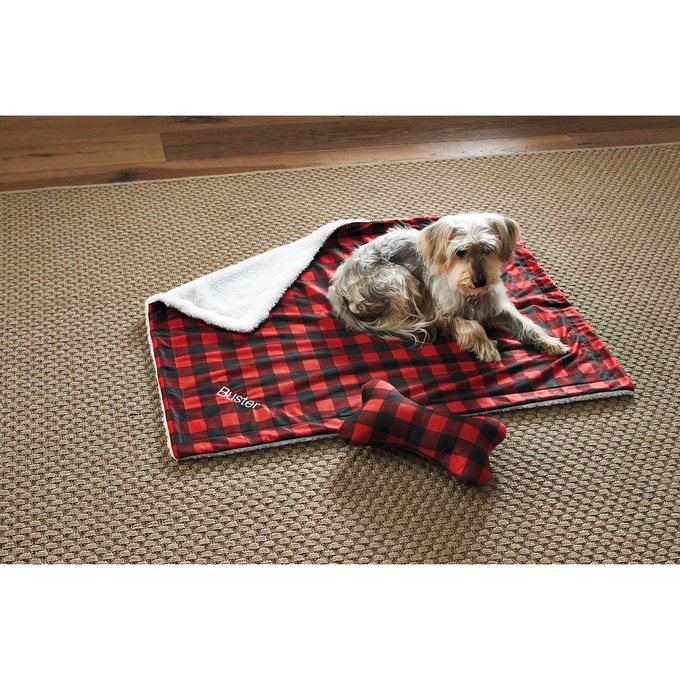 Faux-Sherpa Pet Blanket with Plush Toy, , large