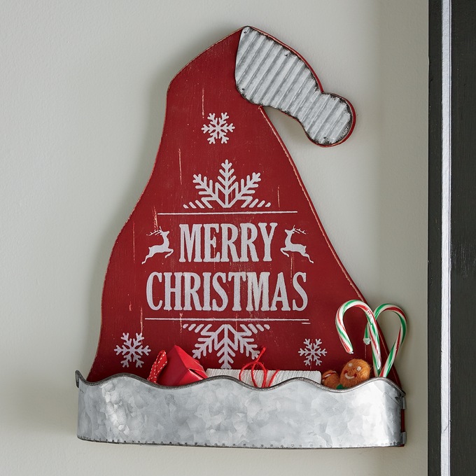 Wooden and Metal Merry Christmas Santa Hat Sign, , large