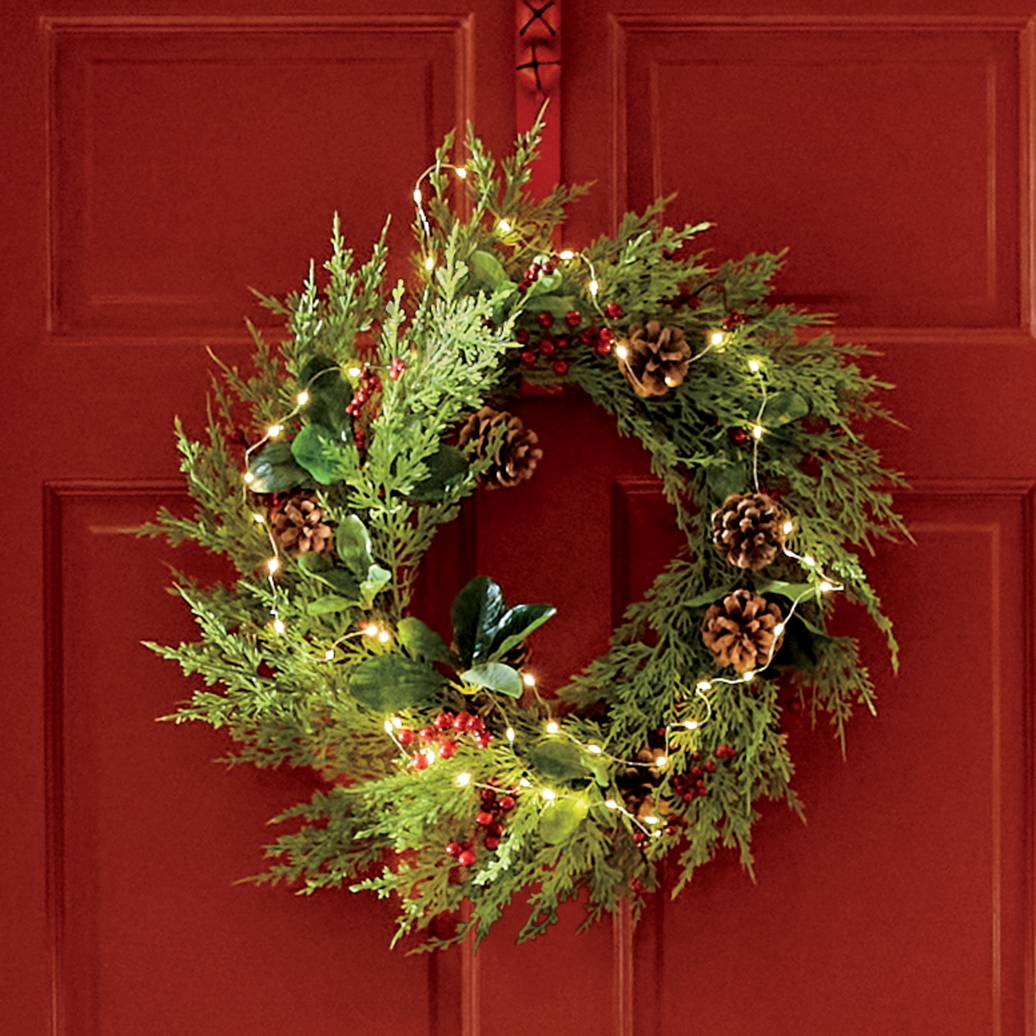 Lit Pine Wreath Country Door
