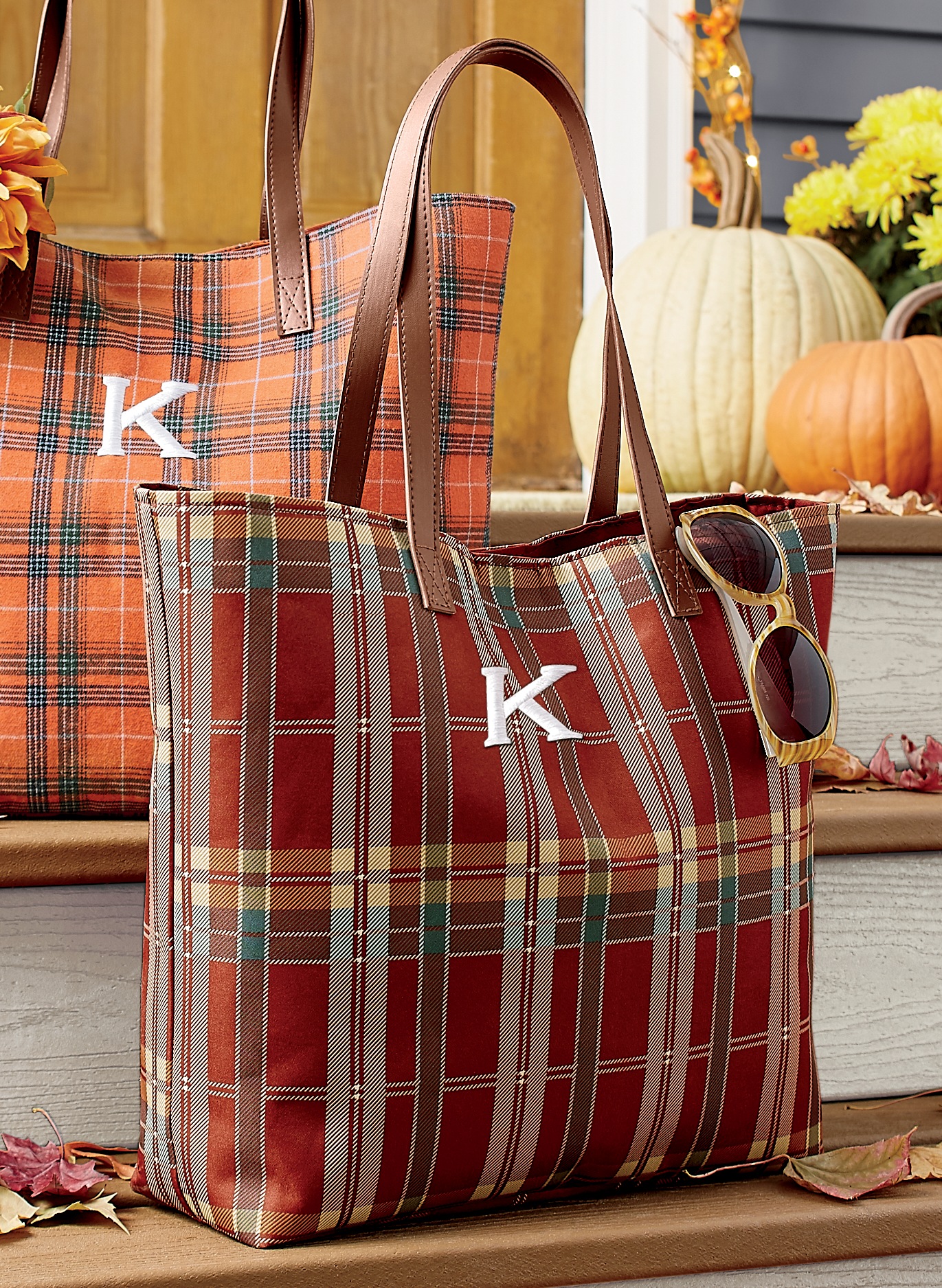 Personalized Harvest Plaid Tote, Red Multi, large