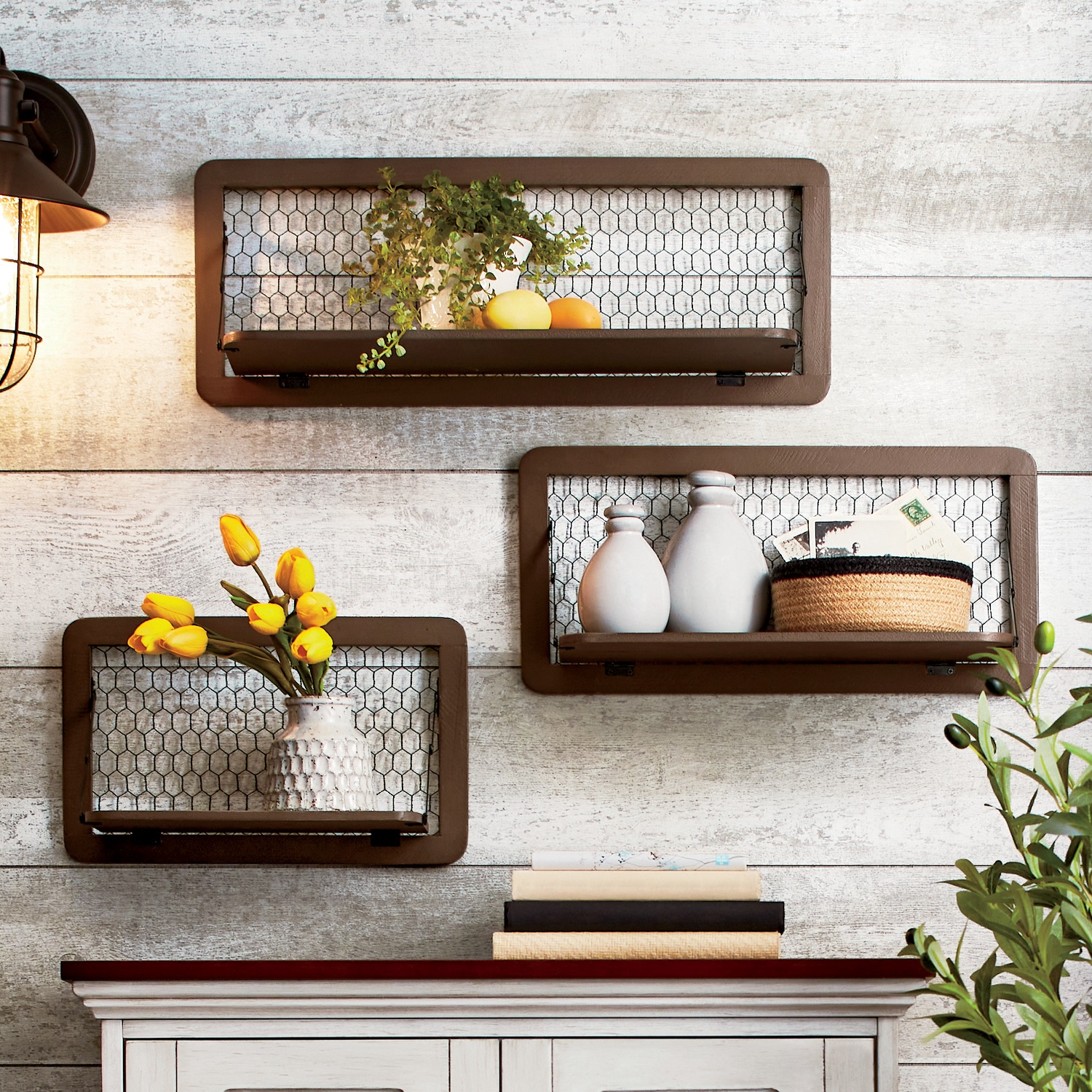 Set of 3 Chicken Wire Wall Shelves Country Door